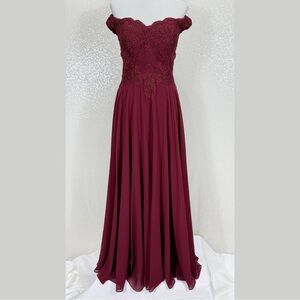 Cinderella Divine Burgundy Lace Chiffon Off Shoulder Formal Gown Maxi